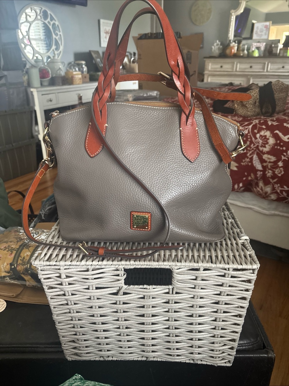 Dooney & Bourke Gray Pebble Leather Satchel with Brown Trim